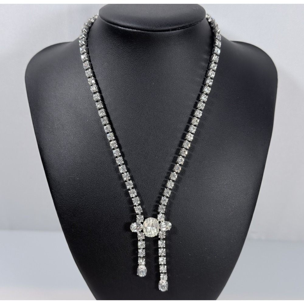 Vintage Rhinestone Necklace Bib Choker Silver Tone 16" 1.5" drop